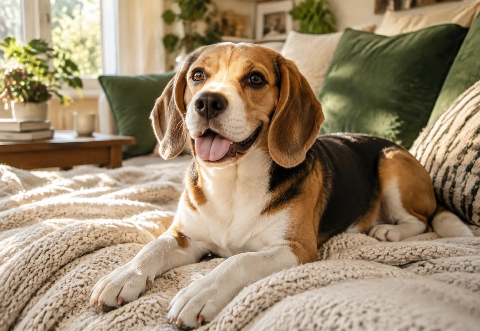 A smiling tricolor Beagle relaxing on a cream blanket in a sunlit living room
